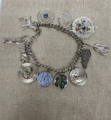 Vintage Damen Sterlingsilber Bettelarmband 12 Charms 6,5 Zoll 37 Gramm