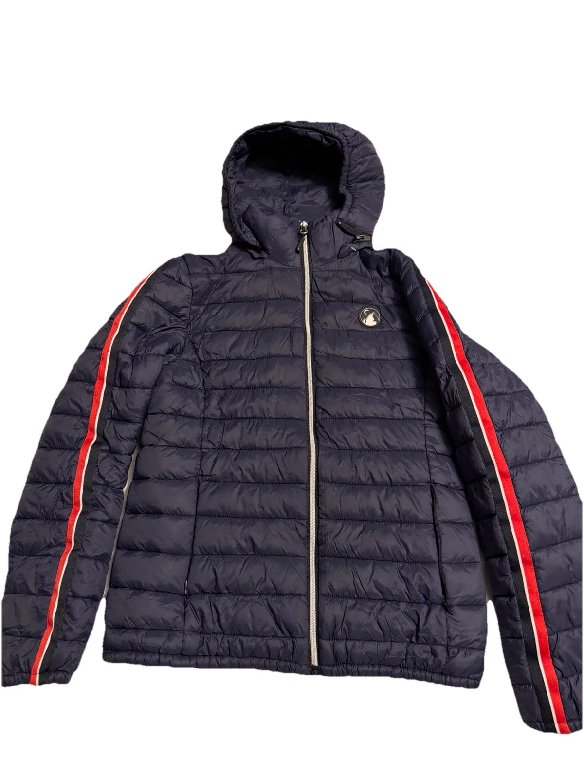 Zyia Active Womens Small Puffer Jacket Hooded Navy Blue Stripe Sleeve Winter Pro