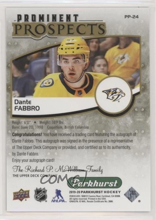 2019 Upper Deck Parkhurst Prominent Prospects Gold Dante Fabbro Rookie Auto RC - Image 2 of 2