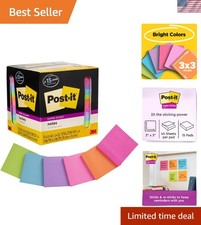 Assorted Bright Colors Super Sticky Notes - 3x3 in, 15 Pads, 2X Adhesive Power