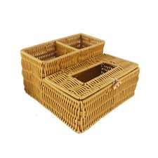 Rattan Tissue Box Cover with Side Organizer Lidded for Countertop