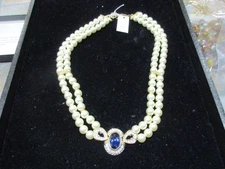 Park Lane Vintage Faux Pearl Necklace Center Cobalt Blue CZ Gold Bars Stunning