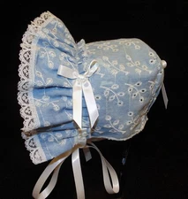 Light Blue Denim Look Eyelet Baby Bonnet