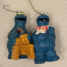2 x 1987 VTG Ceramic Sesame Street Cookie Monster Ornament Muppets Jim Henson