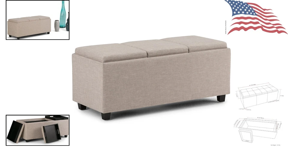 Elegante otomana de almacenamiento de aspecto de lino natural de 42 pulgadas con bandejas versátiles para servir Foto 2 de 4