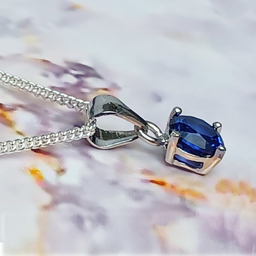6mm ROUND LAB CREATED BLUE SAPPHIRE 925 STERLING SILVER PENDANT CHAIN NECKLACE - Picture 2 of 3