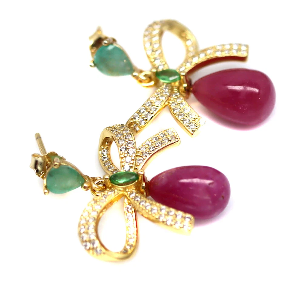 Heizbar 8x12 Mm. Rot Rubin,Smaragd & Cubic Zirkonia Ohrringe 925 Sterlingsilber - Bild 2 von 4