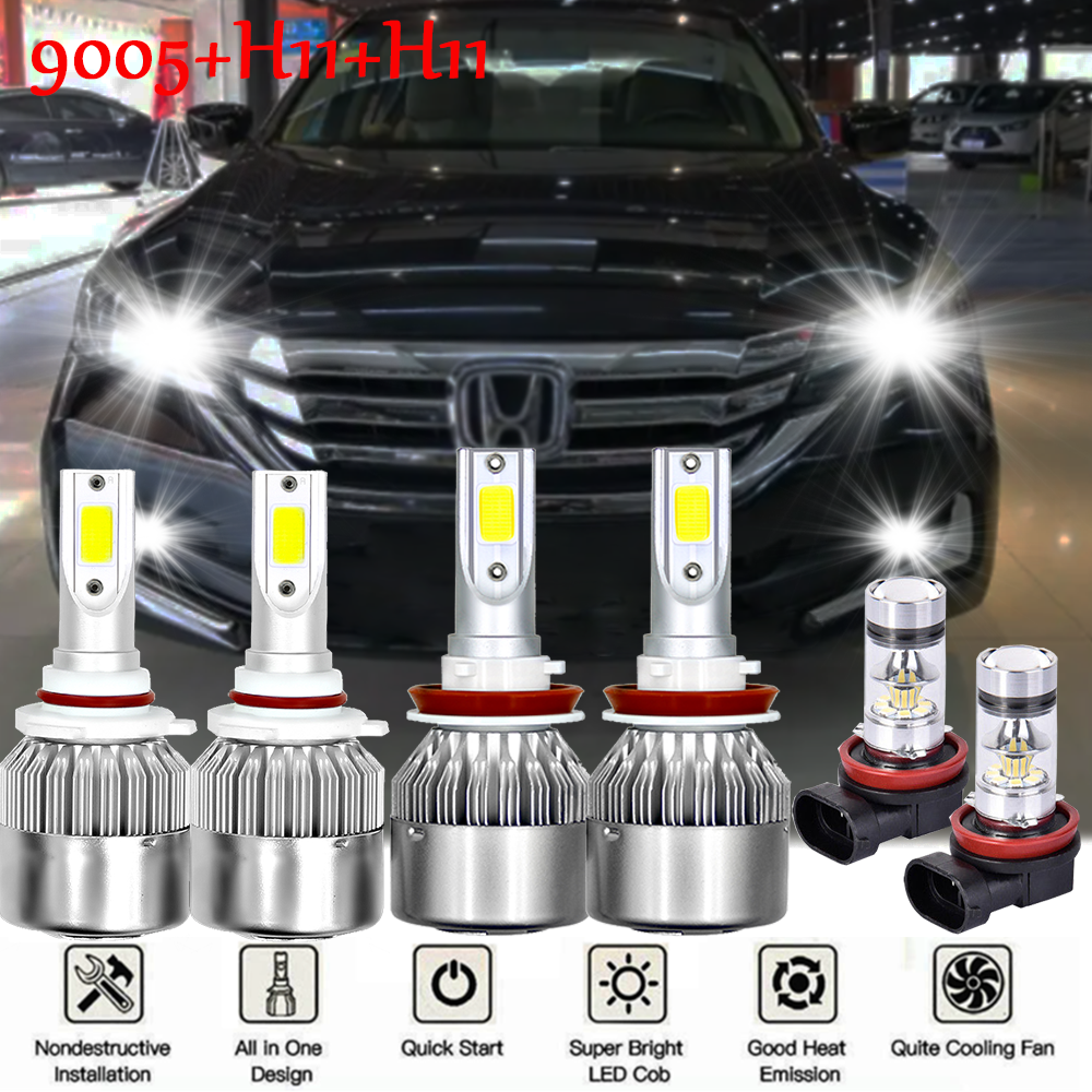 6000K Combo LED Headlight Kit High Low+Fog Bulbs For Honda Accord 2013 2014 2015