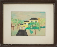 Beautiful Vintage Mid Century Naive Children's Painting of Yellow House Lovely 2