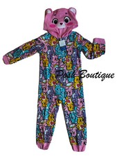 Girls Care Bears One Piece Pajamas Union Suit Hoodie 4 5 6 8 10 12 Cheer Pink