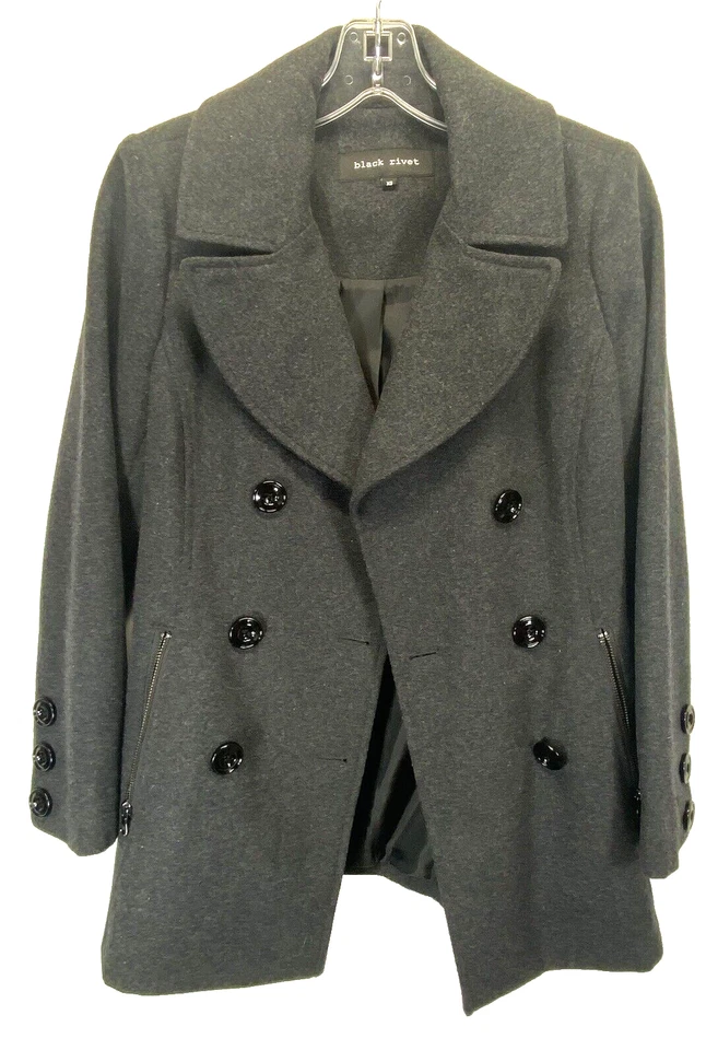 Black Rivet Women's Double Breasted Pea Coat Wool Blend Charcoal XS EUC - Image 2 of 4