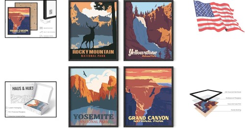 Vintage National Park Posters Set 4 Mountain Wall Art Frames for Travel Decor - Picture 2 of 9