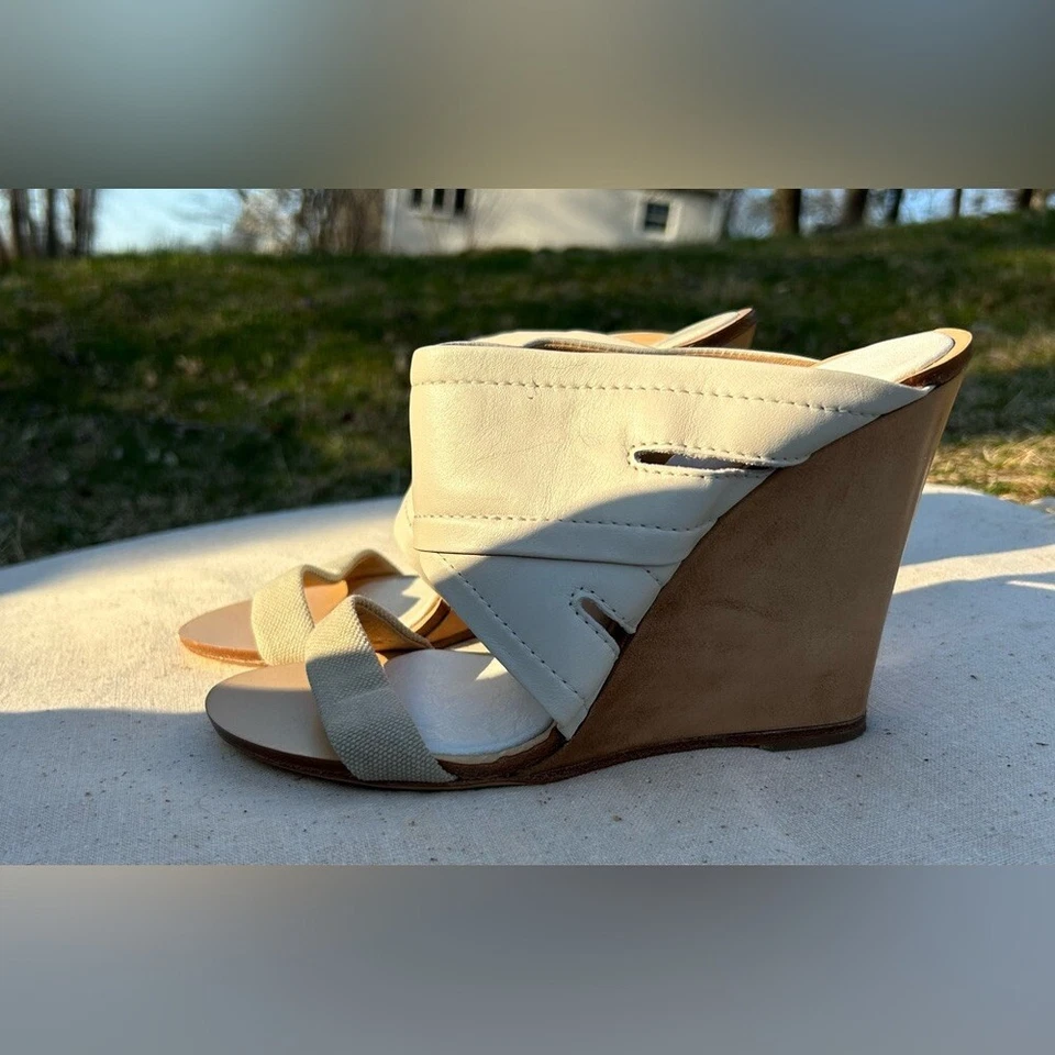 NWT rag & bone leather/fabric white/beige wedge slip on sandal Stacked Wood Heel - Image 3 of 4