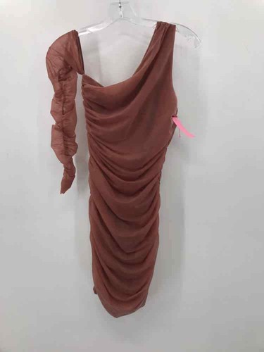 Zara Brown Size Small Ruched Long Sleeve Knee Length One Shoulder Dress