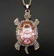 Pink Crystal Rhinestoe Turtle Tortoise Pendant Sweater Necklace