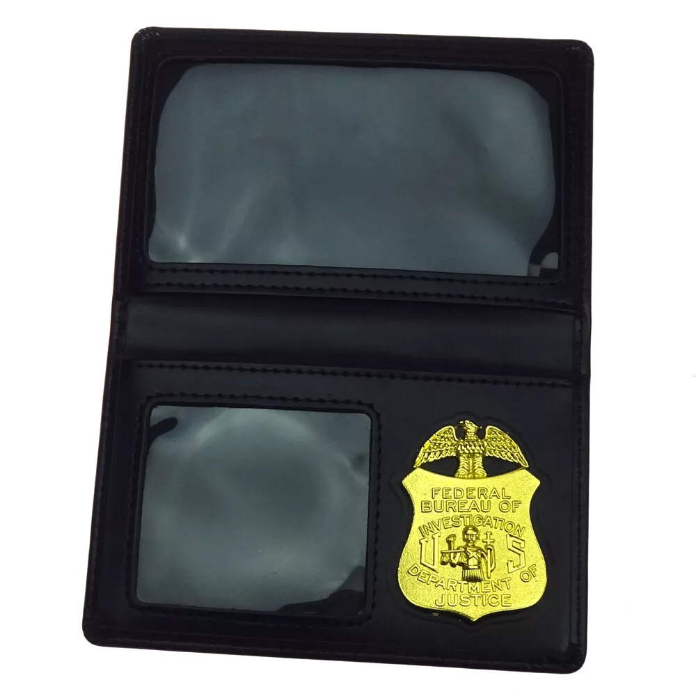 Leather Wallet Driving License ID Card Holder Wallet Case FBI Metal Badge  Stamp