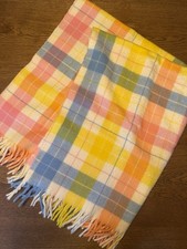 Vintage Baby Blanket Plaid Blue Pink Yellow Thick Fringe Acrylic 38 X 55