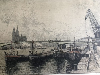 Joseph Eidenberger 1899-1991  Koln 1955  Colored Etching  Boats Industrial