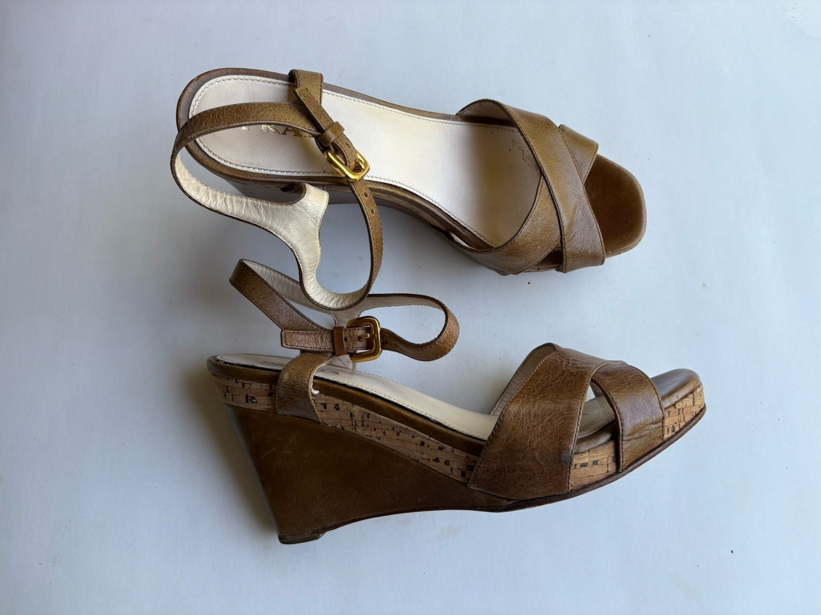 Prada Wedge Sandals Open Toe Ankle Strap Brown Leather Sz EUR 38