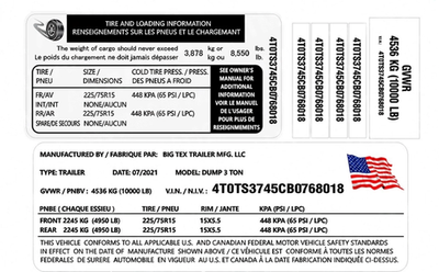 #ad TRAILER VIN STICKER GVWR tire pressure tag decal label tag replacement $69.95