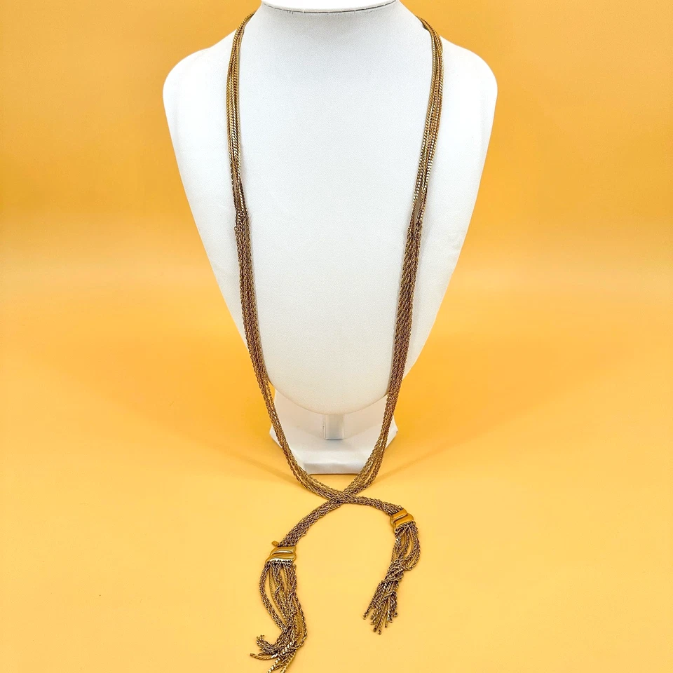 Vintage Monet Lariat Tassel Necklace Gold Tone Multi Chain Strand Long 41" - Image 3 of 4