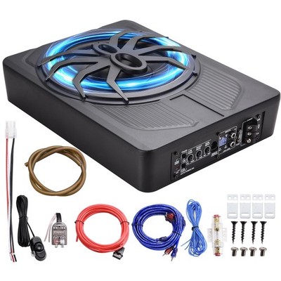 NEW 10'' 800W Slim Under Seat Powered Car Subwoofer Hideaway Subwoofer Blue LED