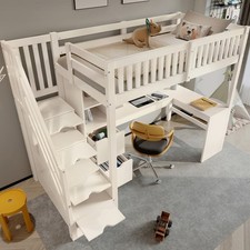 90x200cm Hochbett Kinderbett Holzbett mit Schreibtisch,Stauraum Treppe,Schublade