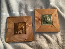 Pewabic Pottery Pinecone Leaf / Acorn Tree Art Tile Arts & Crafts.  PAIR