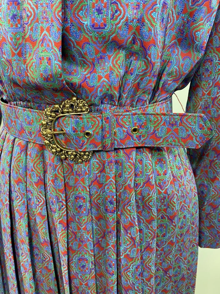 Vintage Dress SIZE 10 PETITE blue red shirtwaist modest LESLIE FAY 80s 90s - Image 3 of 4