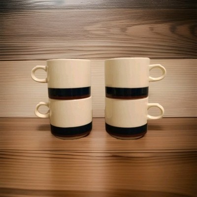 Set of 4 Vintage Inter-Continental Stoneware Coffee Mugs Japan Striped MCM Retro
