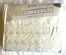 LUXURY PERCALE KING Size 4-Piece Sheet Set ECRU Eyelet Deep Pocket 200