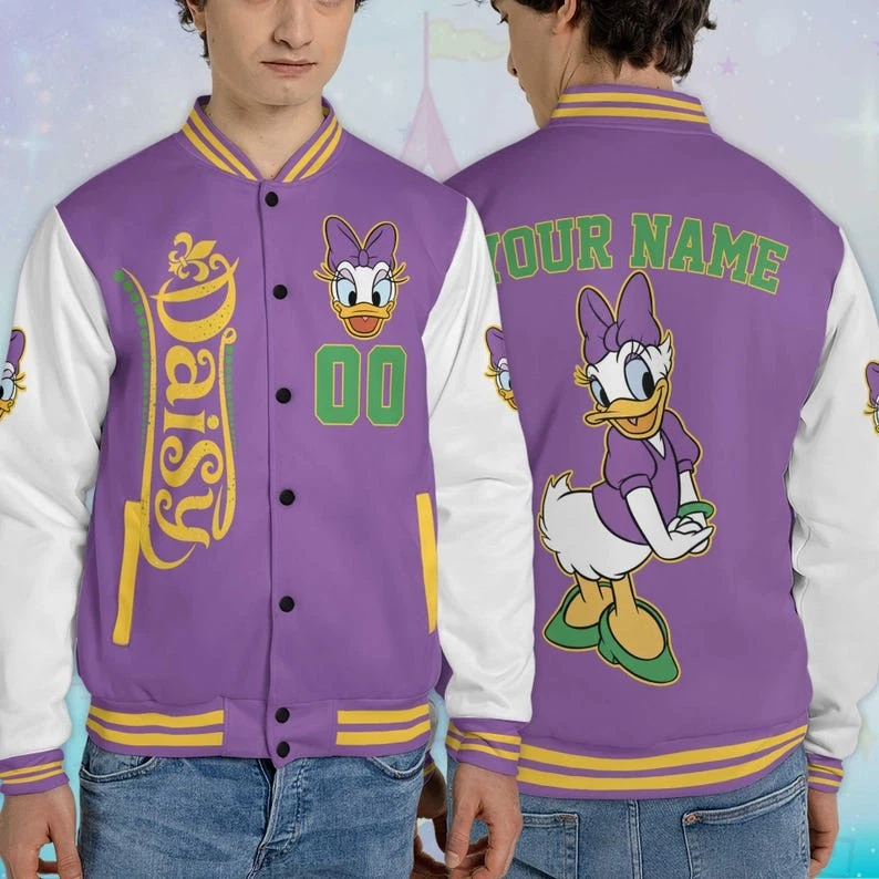 Personalized Daisy Duck Happy Mardi Gras Carnival Purple White Baseball Jacket