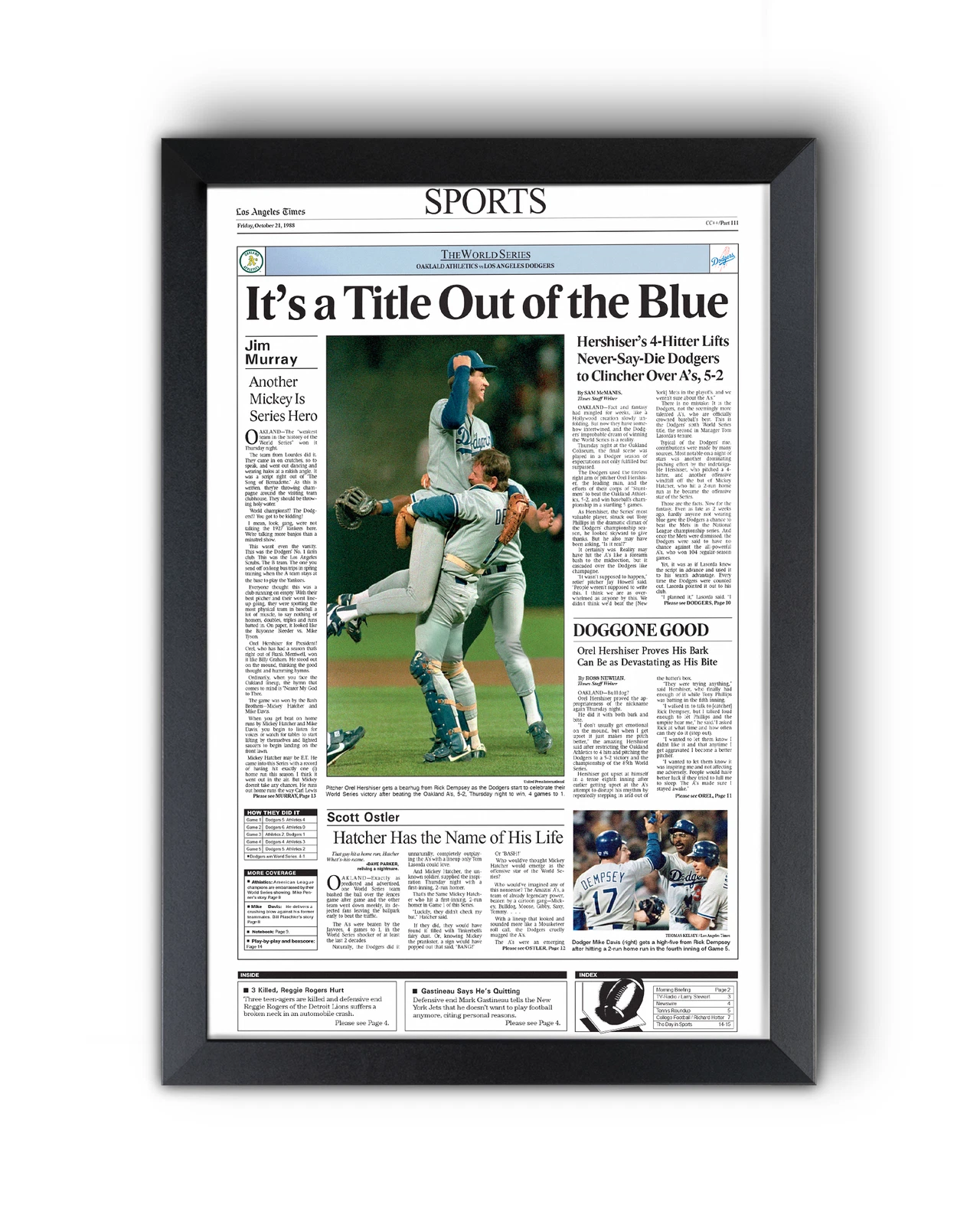 1988 Los Angeles Dodgers World Series Champions UnFramed Front Page Newspaper Prin