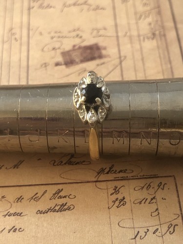 Anillo vintage de racimo de zafiro y diamantes de oro amarillo y blanco de 18 quilates talla L - Imagen 5 de 10