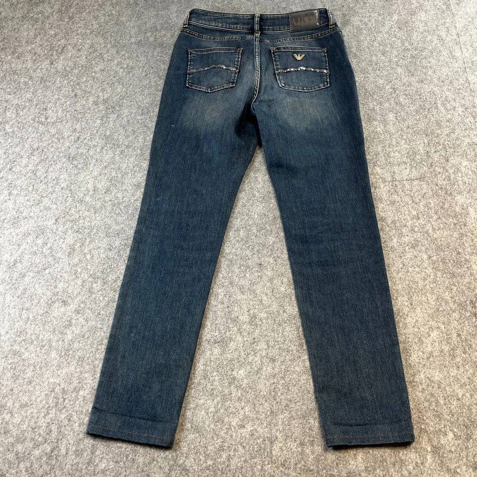 Pantalones de mezclilla para mujer Armani W30 L32 calce cónico azul oscuro lavado desteñido elástico cremallera mosca J18 Foto 2 de 4
