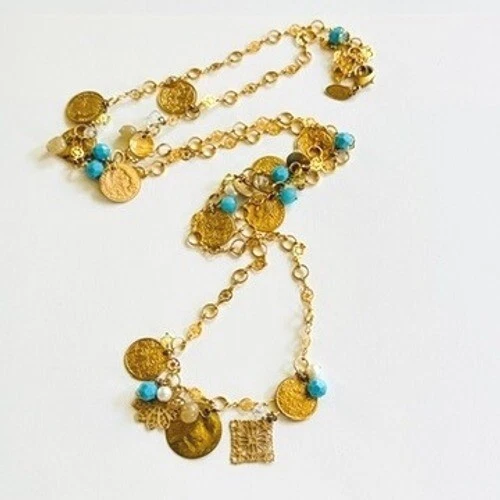 VTG Liz Palacios San Francisco necklace charm pearl turquoise coin Signed gold - Image 4 of 4