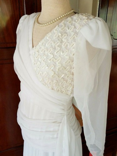Vtg 1970's Asymmetrical WHITE SEQUINS & LACE Chiffon Tea Garden Wedding DRESS S - Picture 4 of 10