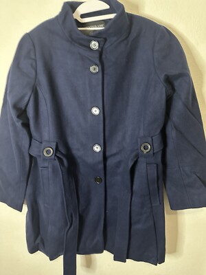 Centigrade Wool Blend Funnel Neck Coat with Self-tie Belt Blue Size Large