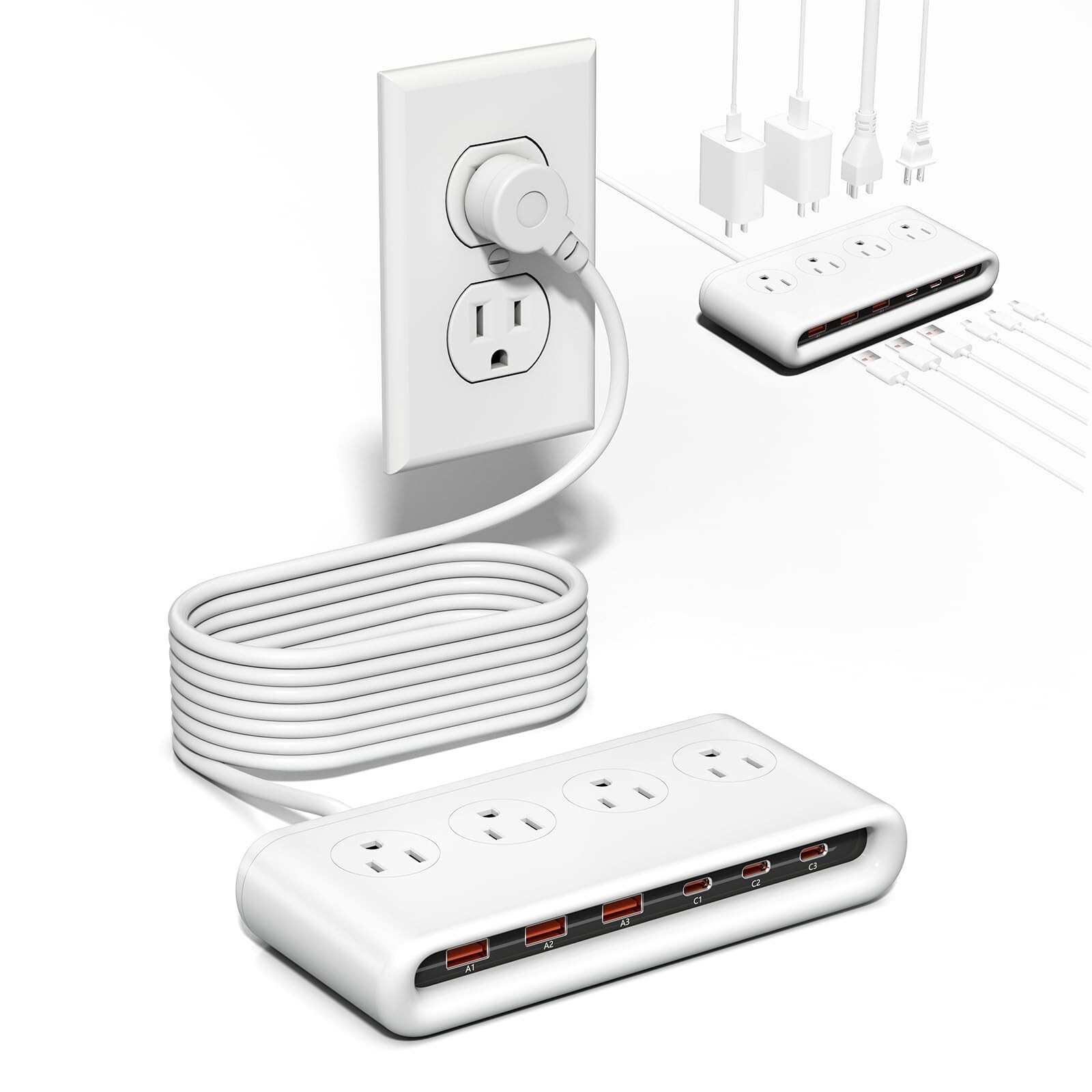 10 in 1 Flat Plug Power Strip with USB C, PD20W Fast Charging Stati... Fast Ship