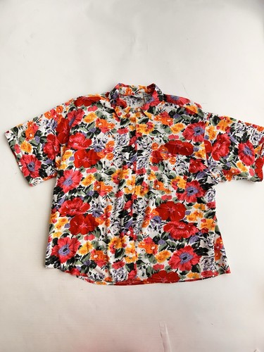 Gitano 26W white beige floral short sleeve plus size front pocket button up top