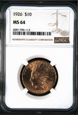 :1926 G$10 DOLLARS INDIAN HEAD EAGLE WAR BONNET NEAR GEM NGC MS64 HIGHEST GRADES
