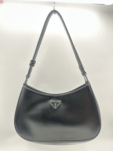 PRADA Cleo Black Brushed Leather Shoulder Bag Mini Hobo Crescent Handbag