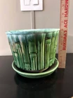 VTG 0375 McCOY POTTERY GREEN DRIP GLAZE BAMBOO PLANTER w SAUCER Flower Pot