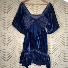 Free People NEW LARGE Blue Velvet Square Neck Mini Dress BOHO Festival Whimsy