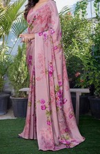Pink Floral  Saree  Sari Indian party evening ethnic  Fabric