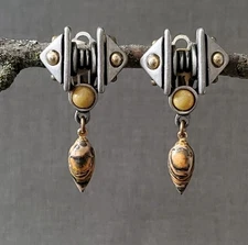 Fahrenheit Pewter Clip Earrings 80s Fab Tiger Stripe Jasper Industrial 