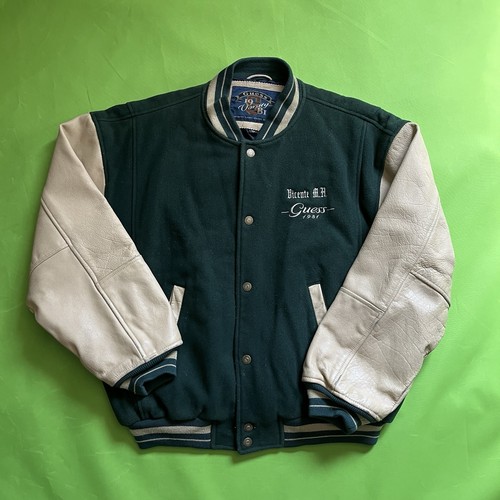Large Vintage 90s Guess Legends Varsity Jacket Wool Leather Flight Style Green - Picture 2 of 8
