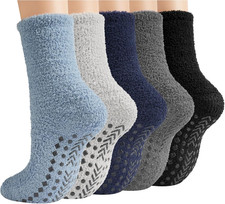 5 Pairs Mens Fuzzy Socks, Grips, Non-slip, Fluffy Slipper, Hospital, Thick