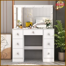 White Modern Dressing Table Set with Large Mirror and 7 Drawers Wood Makeup Desk