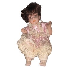Girl Baby Doll Curly Brown Hair Pink Lace Dress w/ Removable Outfit